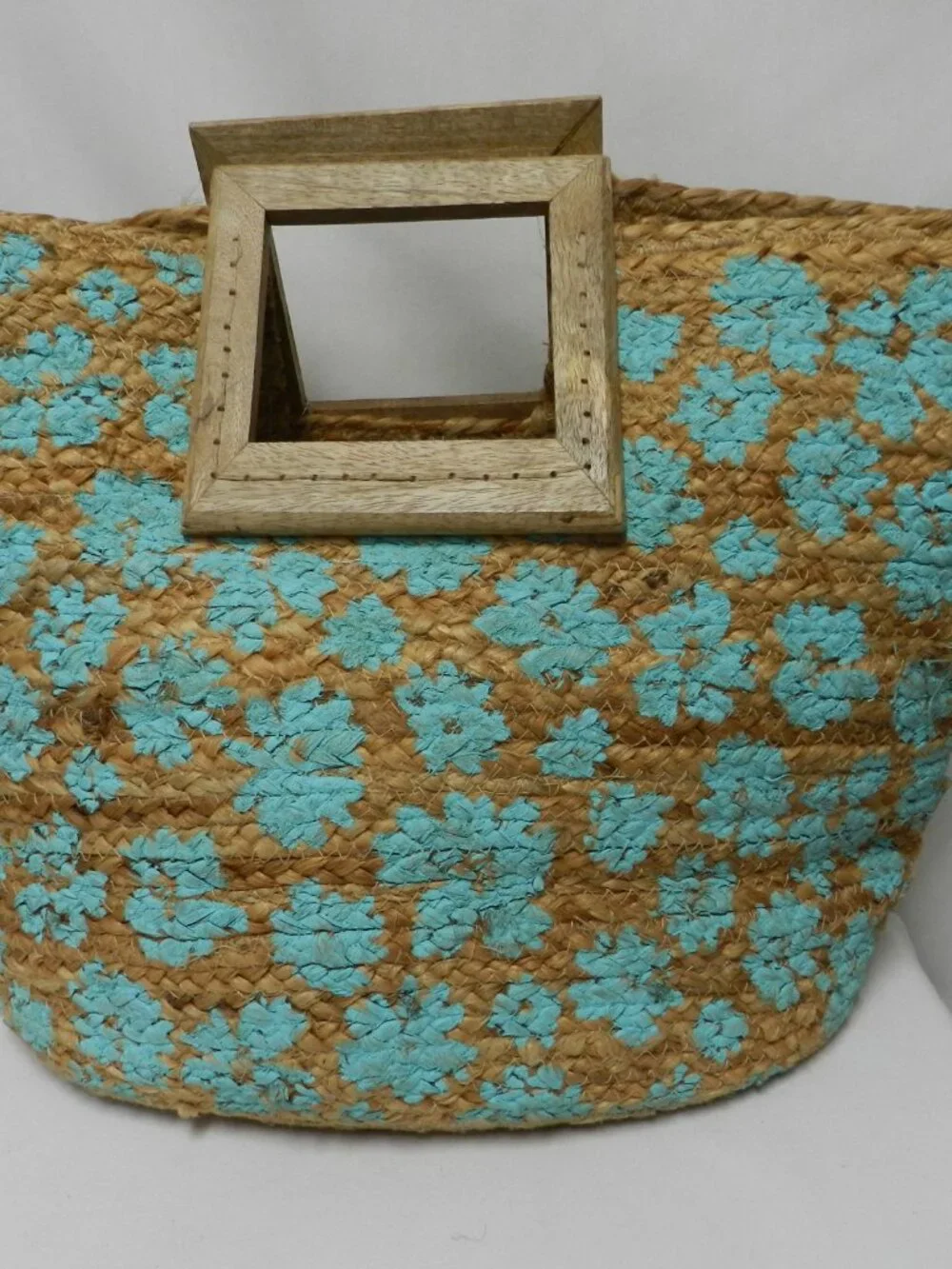 Twig & Arrow Jute large Hand painted tote bag carryall tan turquoise wood Summer - Picture 2 of 13